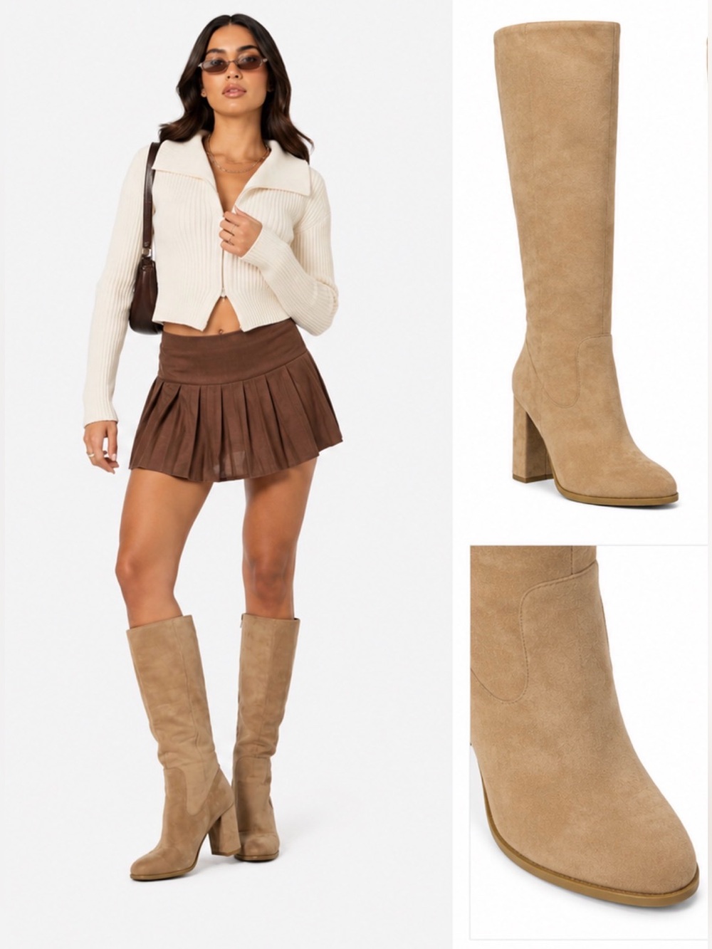 Suede Knee-High Block Heel Boots in Beige